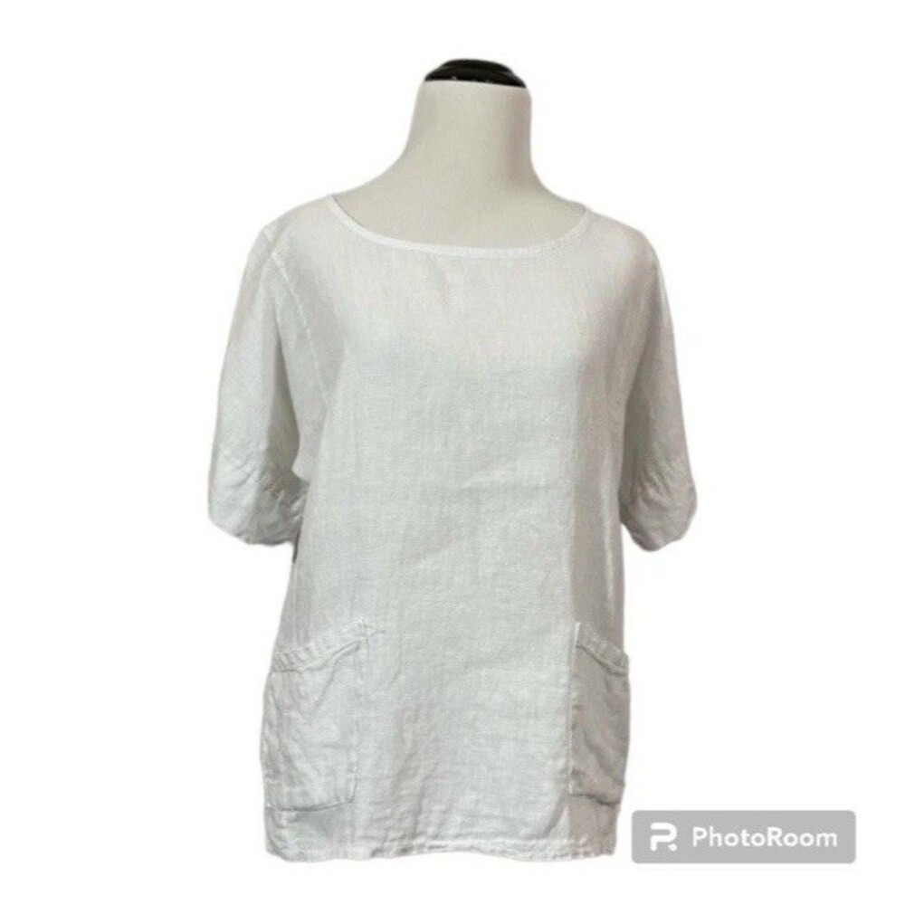 Francesca Bettini Italy White 100% Linen Top Short Sleeve Tunic Pockets Size L